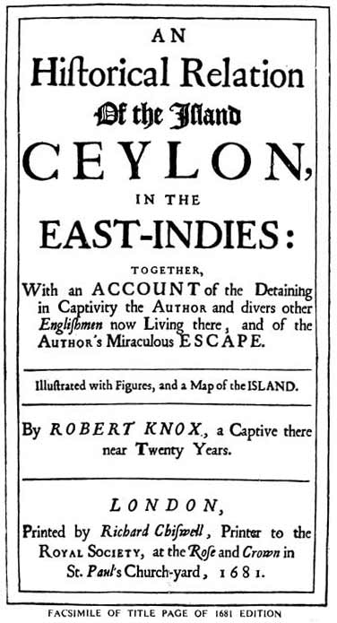 Facsimile of title page of Robert Knox's 1681 edition